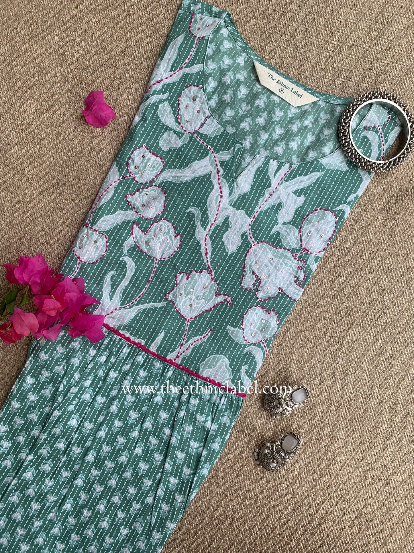 "Aabha" Green Kantha Cotton kurta