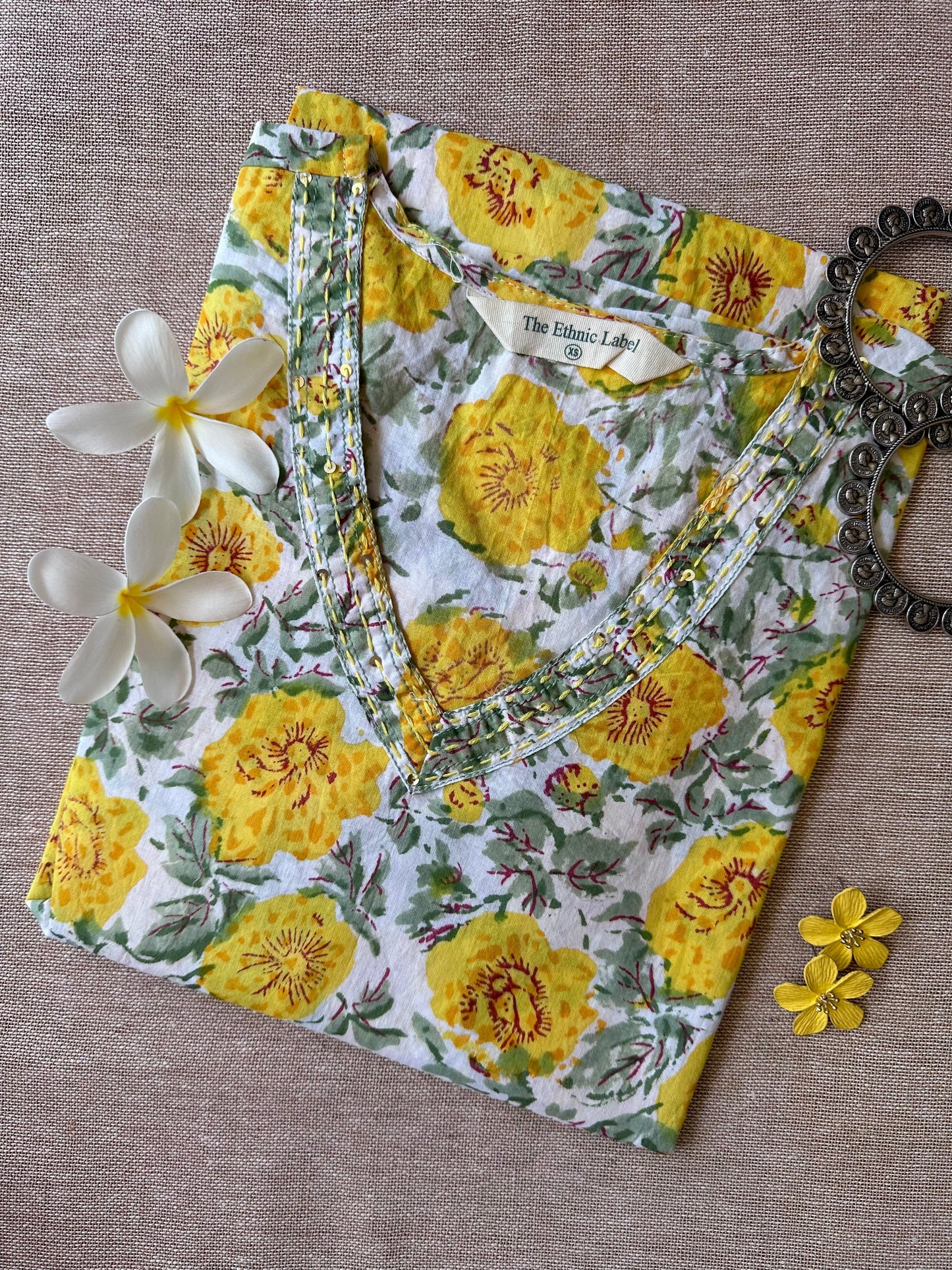 "Marigold" Yellow Hand Block Printed Cotton kurta-M