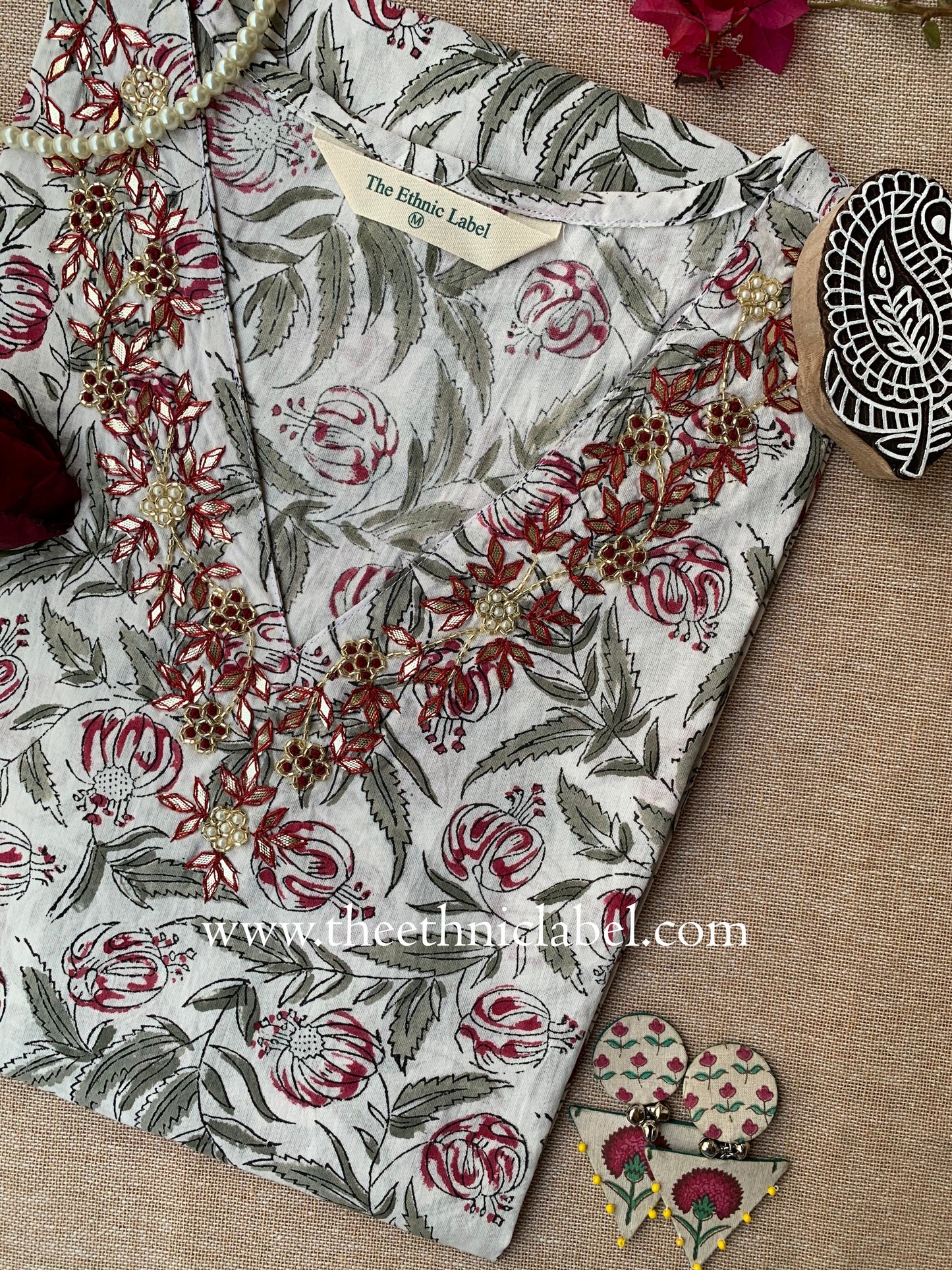 "Avika" Hand Embroidered Block Printed Cotton kurta