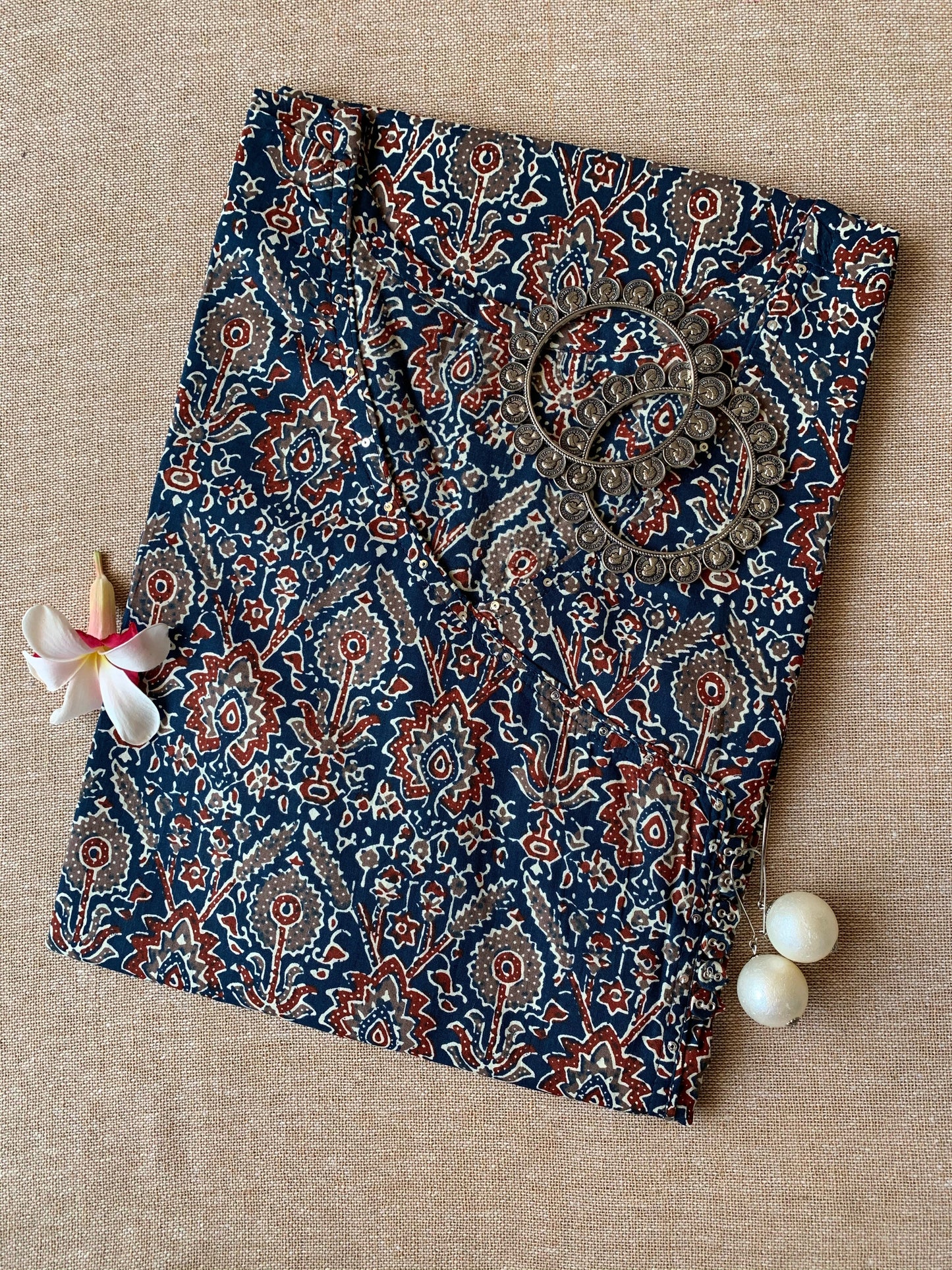 "Aabroo" Indigo ajrakh hand block printed cotton Kurta- XL