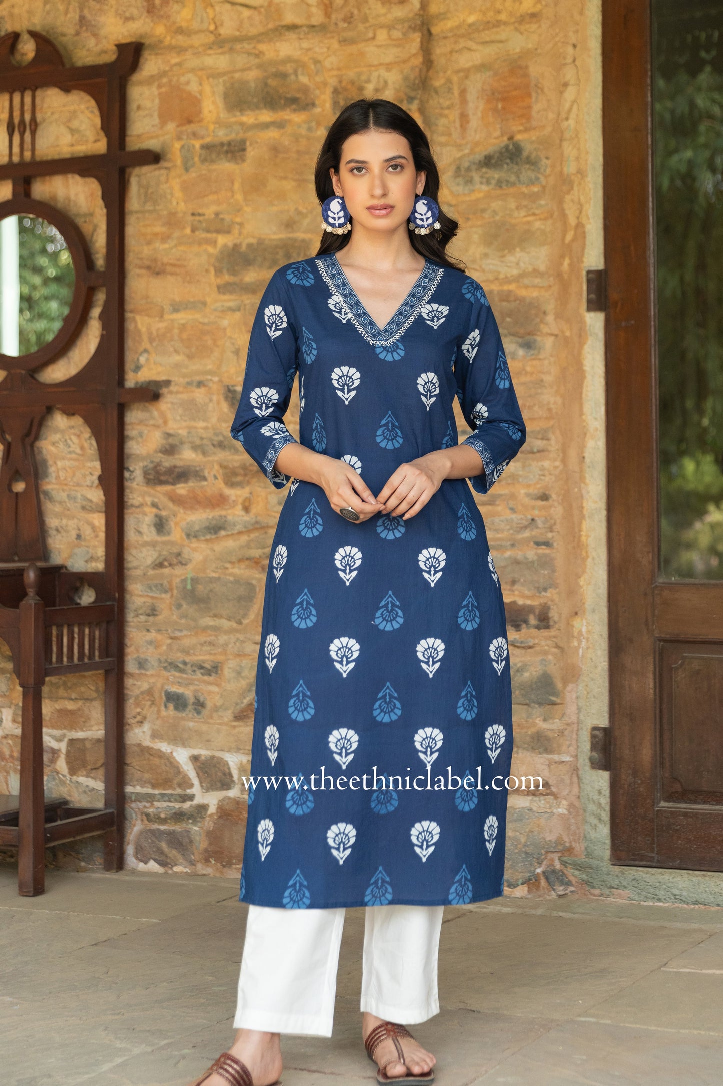 "Madhavi" Indigo Hand Embroidered Cotton kurta- big size