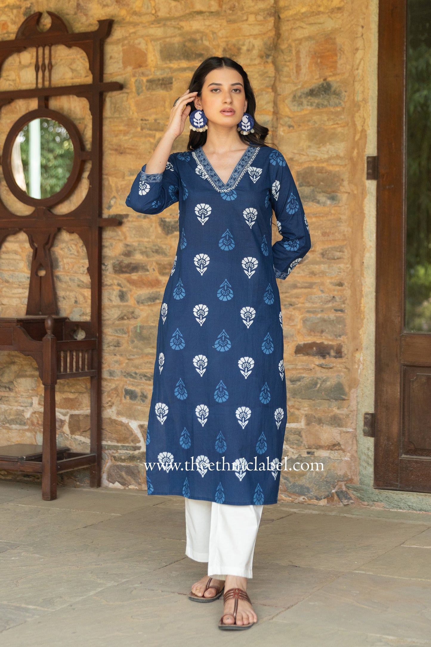 "Madhavi" Indigo Hand Embroidered Cotton kurta- big size