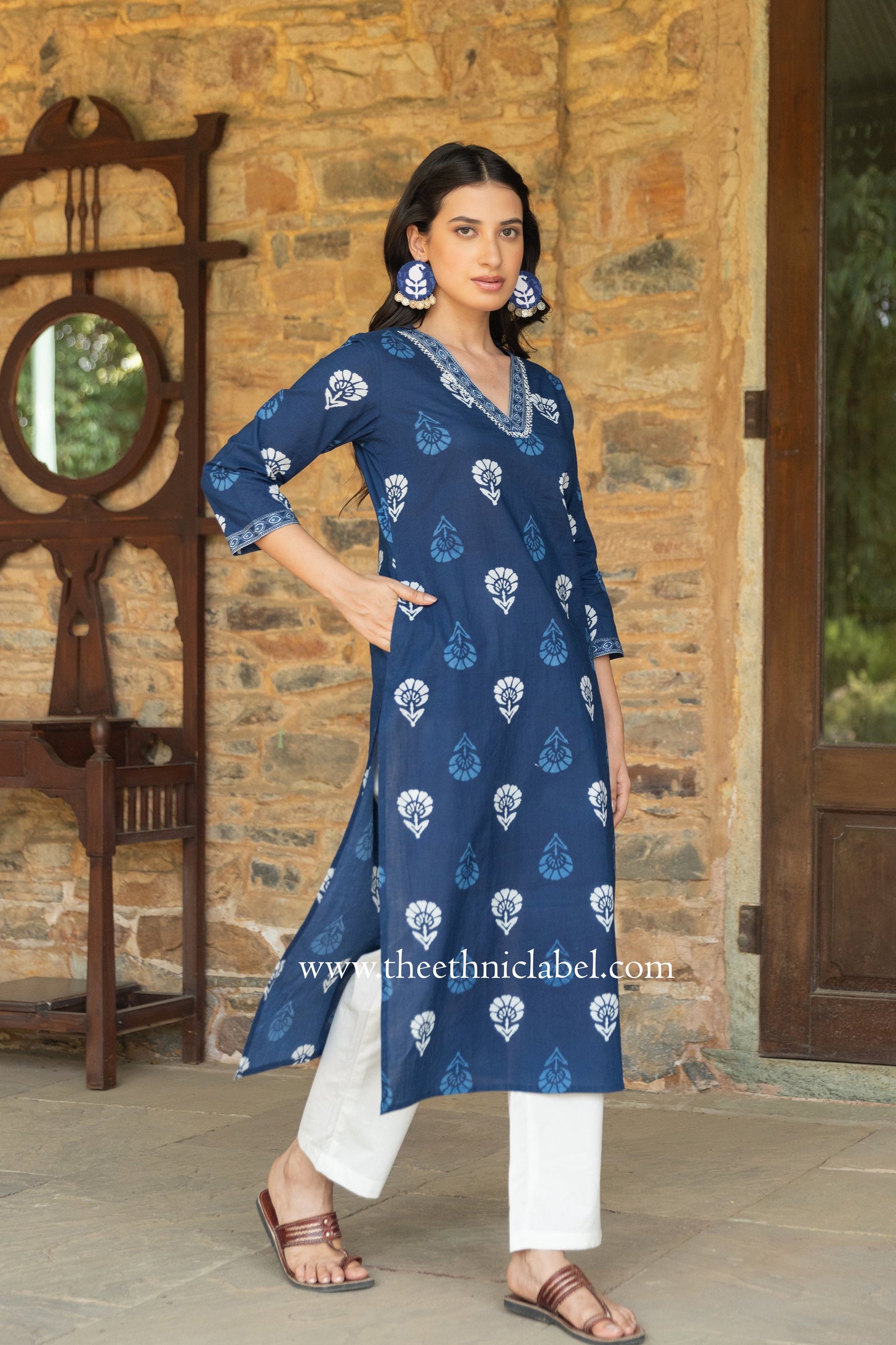 "Madhavi" Indigo Hand Embroidered Cotton kurta- big size