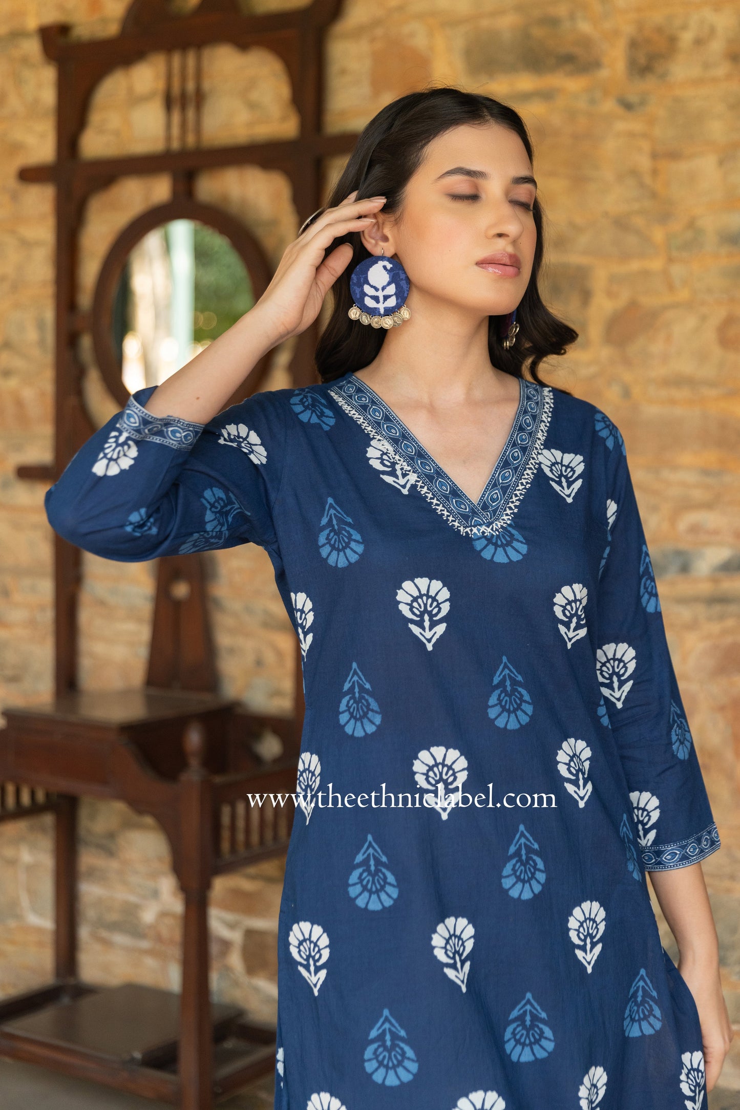 "Madhavi" Indigo Hand Embroidered Cotton kurta- big size