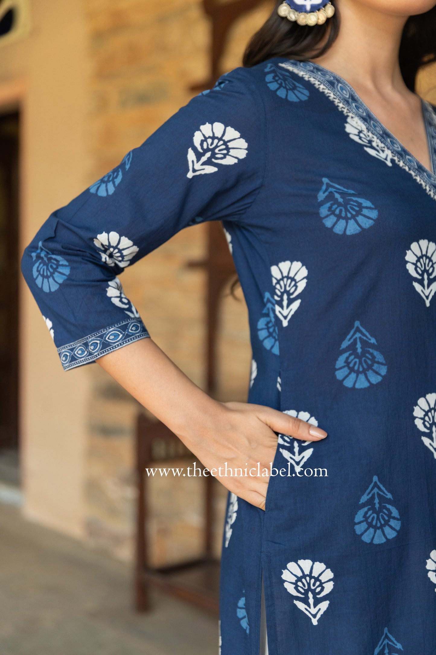 "Madhavi" Indigo Hand Embroidered Cotton kurta- big size