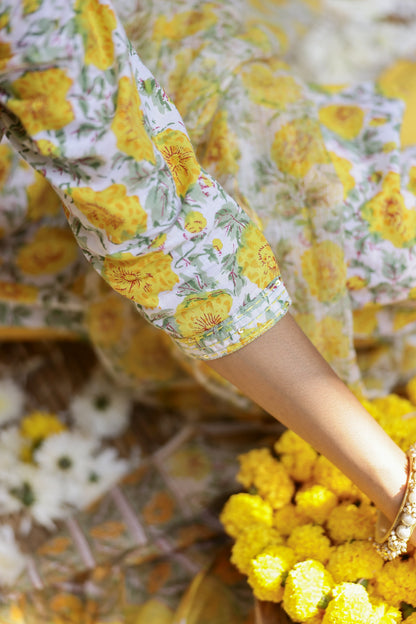 "Marigold" Yellow Hand Block Printed Cotton kurta-M