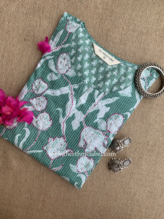 "Aabha" Green Kantha Cotton kurta