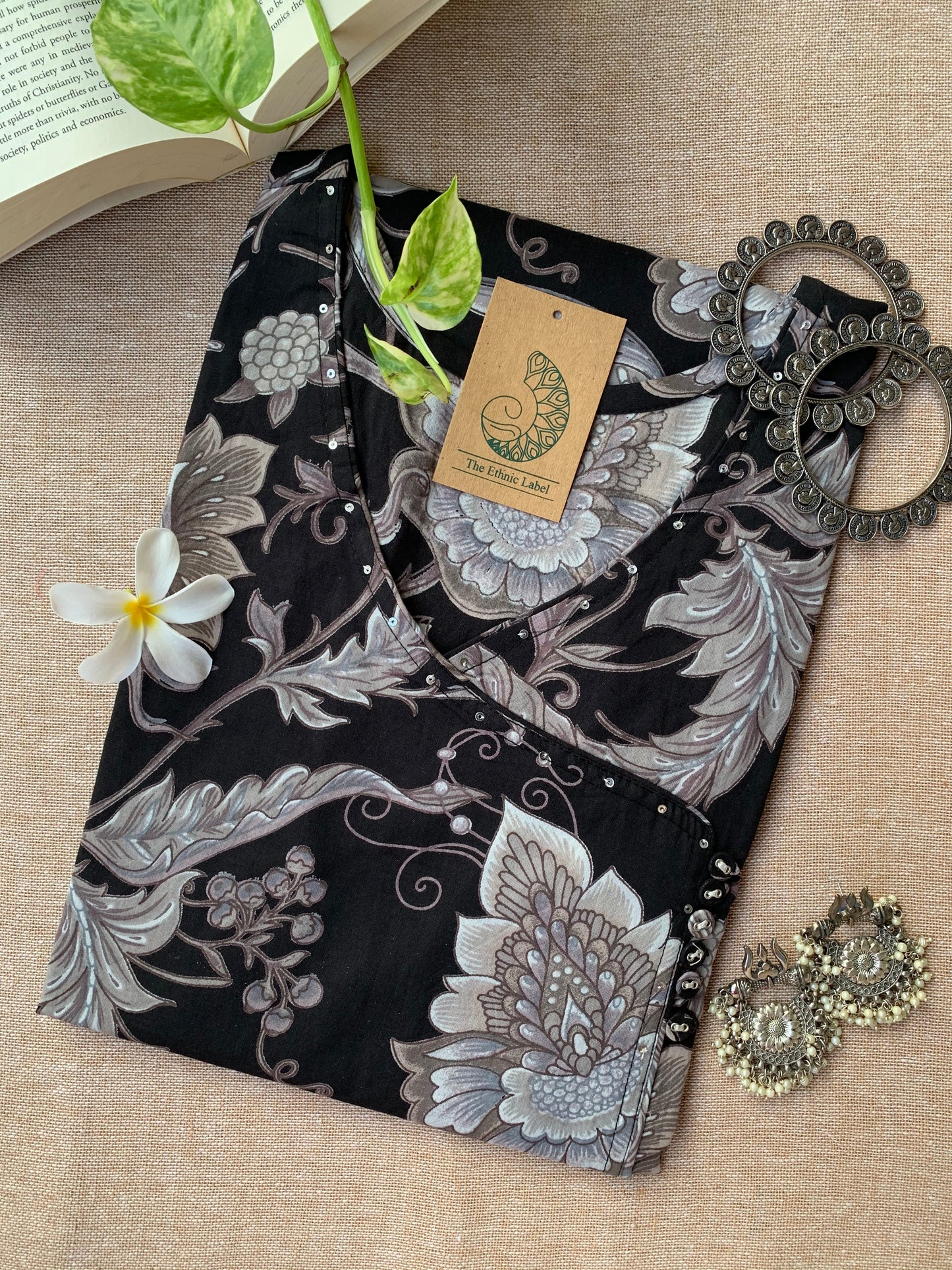 "Samar" Black Hand Block Printed Angrakha Cotton kurta