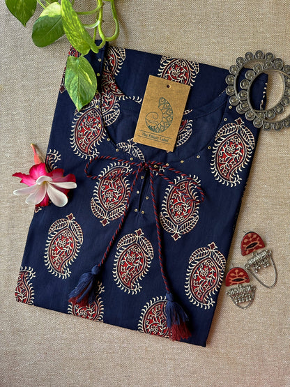 "Paakhi" Deep Blue Paisley Hand Block Printed Cotton kurta- S