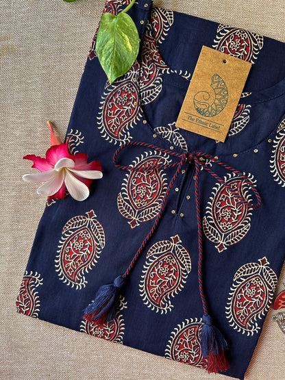 "Paakhi" Deep Blue Paisley Hand Block Printed Cotton kurta- S