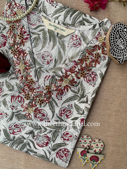 "Avika" Hand Embroidered Block Printed Cotton kurta
