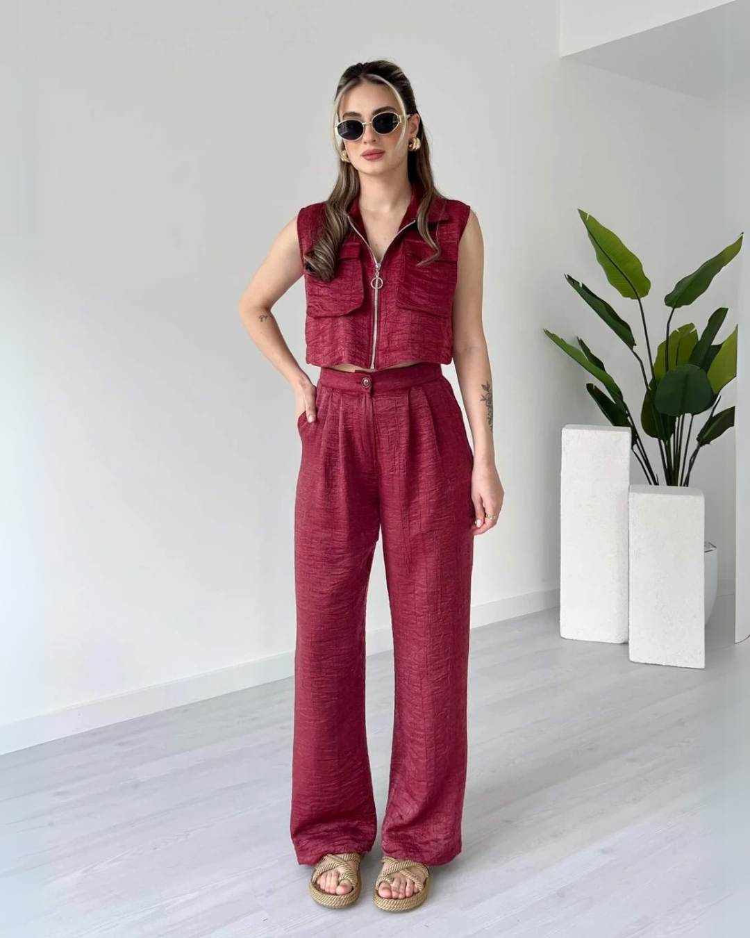 Back view of wide-leg maroon pants and matching crop top – women’s western co-ord