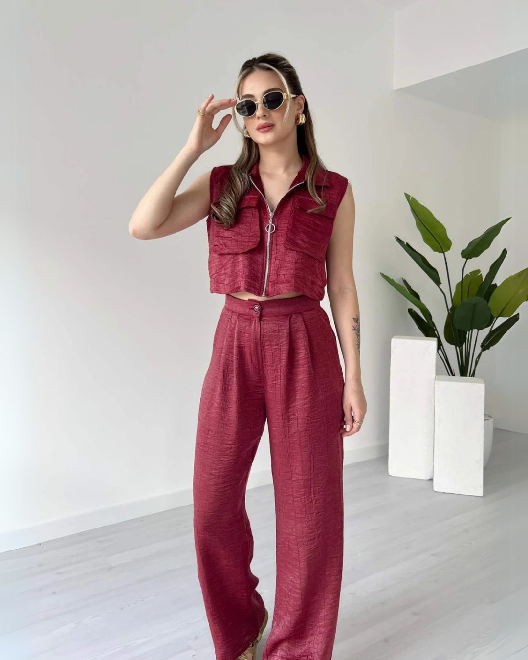Front view of maroon co-ord set for women – sleeveless crop top with high-waist pants