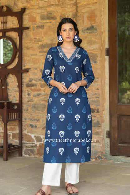 "Madhavi" Indigo Hand Embroidered Cotton kurta- big size