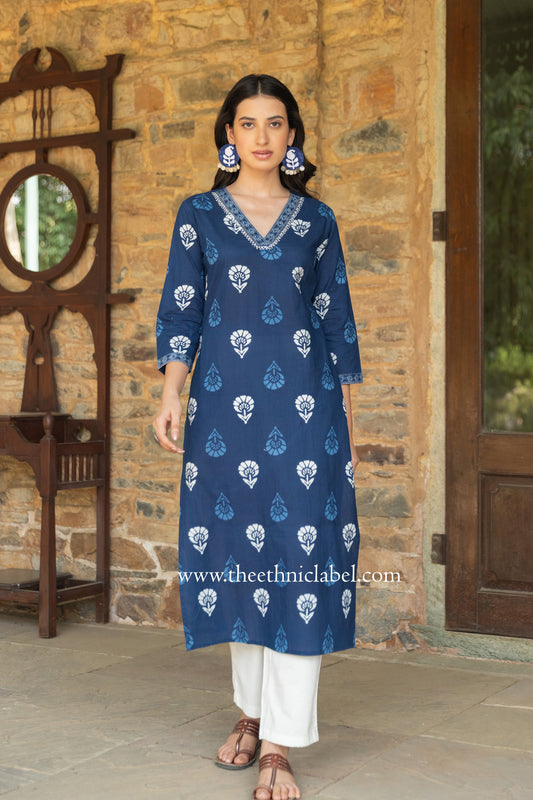 "Madhavi" Indigo Hand Embroidered Cotton kurta- big size