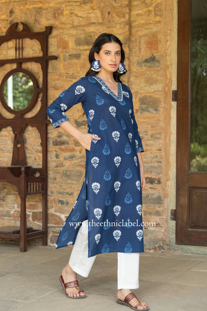 "Madhavi" Indigo Hand Embroidered Cotton kurta- big size