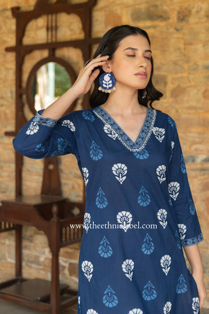 "Madhavi" Indigo Hand Embroidered Cotton kurta- big size