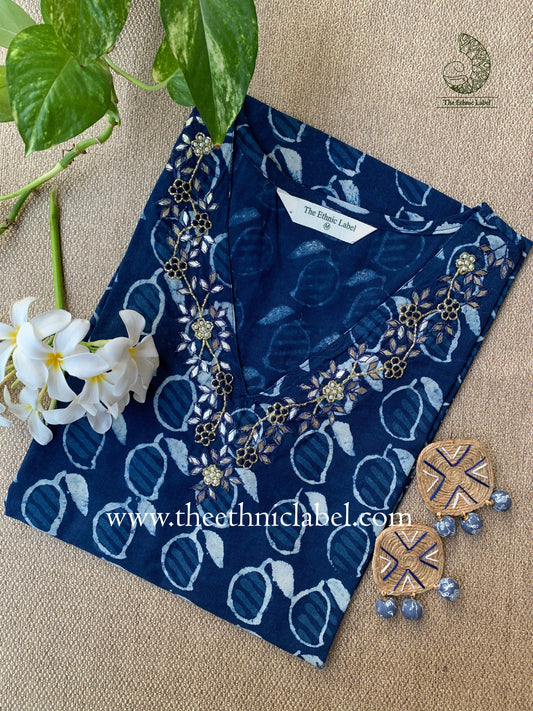 "Ambi" Hand Embroidered Block Printed Cotton kurta